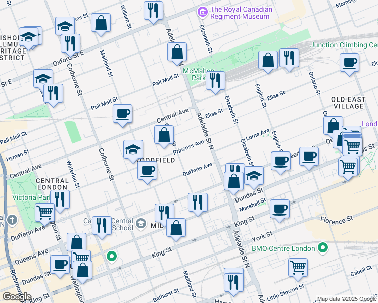 map of restaurants, bars, coffee shops, grocery stores, and more near 565 Princess Avenue in London
