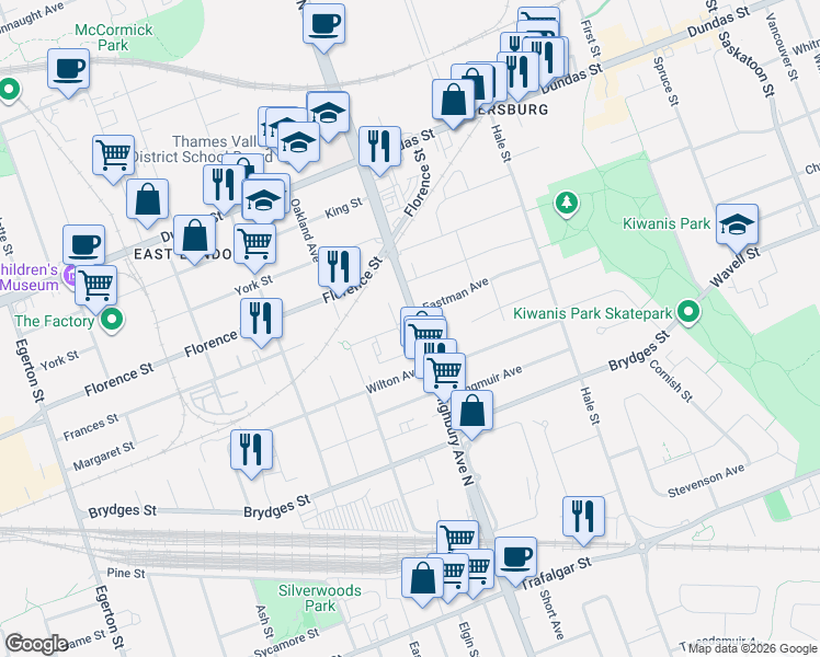 map of restaurants, bars, coffee shops, grocery stores, and more near 250 Oakland Avenue in London