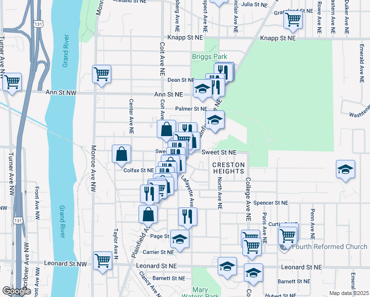 map of restaurants, bars, coffee shops, grocery stores, and more near 247 Sweet Street Northeast in Grand Rapids