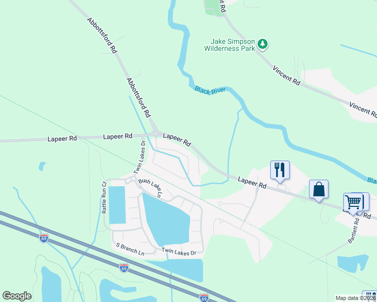 map of restaurants, bars, coffee shops, grocery stores, and more near 2986 East Bob White Drive in Smiths Creek