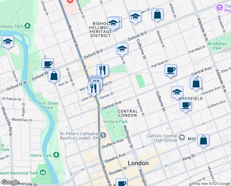 map of restaurants, bars, coffee shops, grocery stores, and more near 279 Hyman Street in London