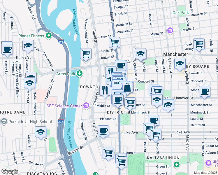 map of restaurants, bars, coffee shops, grocery stores, and more near 58 Mechanic Street in Manchester