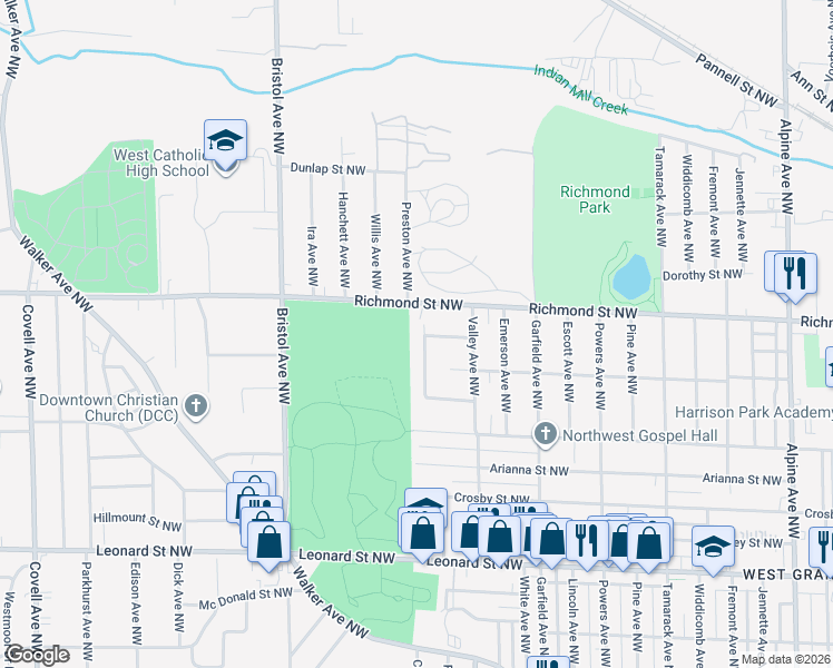 map of restaurants, bars, coffee shops, grocery stores, and more near 1511 Kenan Avenue Northwest in Grand Rapids