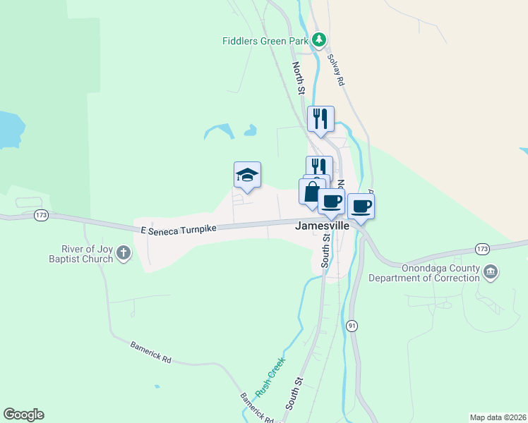 map of restaurants, bars, coffee shops, grocery stores, and more near 6433 East Seneca Turnpike in Jamesville