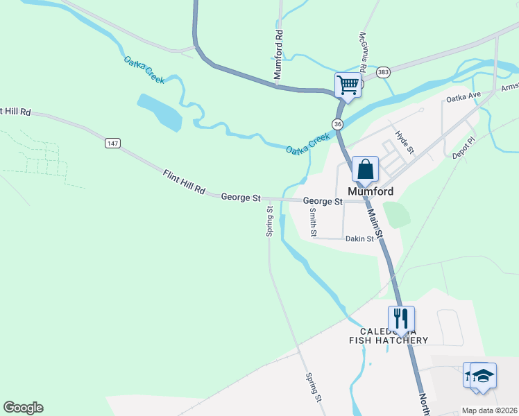 map of restaurants, bars, coffee shops, grocery stores, and more near 1 Spring Street in Le Roy