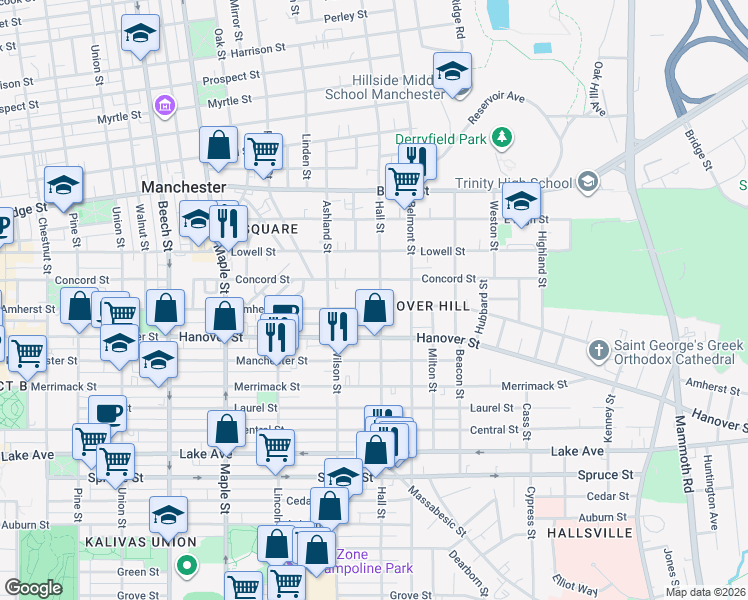 map of restaurants, bars, coffee shops, grocery stores, and more near 560 Hall Street in Manchester