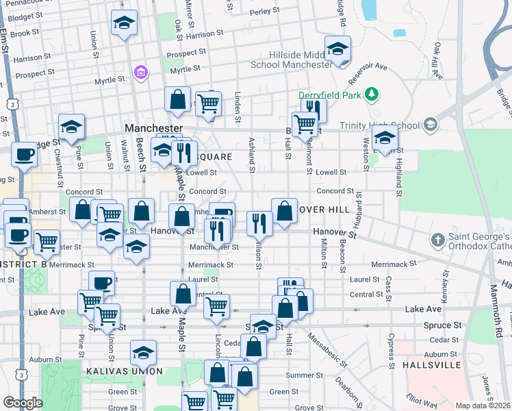map of restaurants, bars, coffee shops, grocery stores, and more near 423 Amherst Street in Manchester