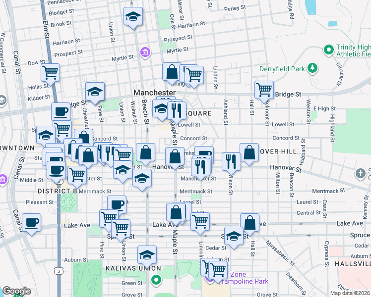 map of restaurants, bars, coffee shops, grocery stores, and more near 453 Maple Street in Manchester