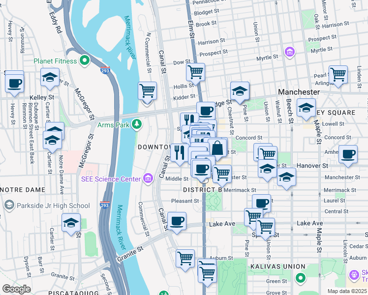 map of restaurants, bars, coffee shops, grocery stores, and more near 61 Stark Street in Manchester