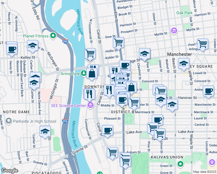 map of restaurants, bars, coffee shops, grocery stores, and more near 110 Stark Street in Manchester