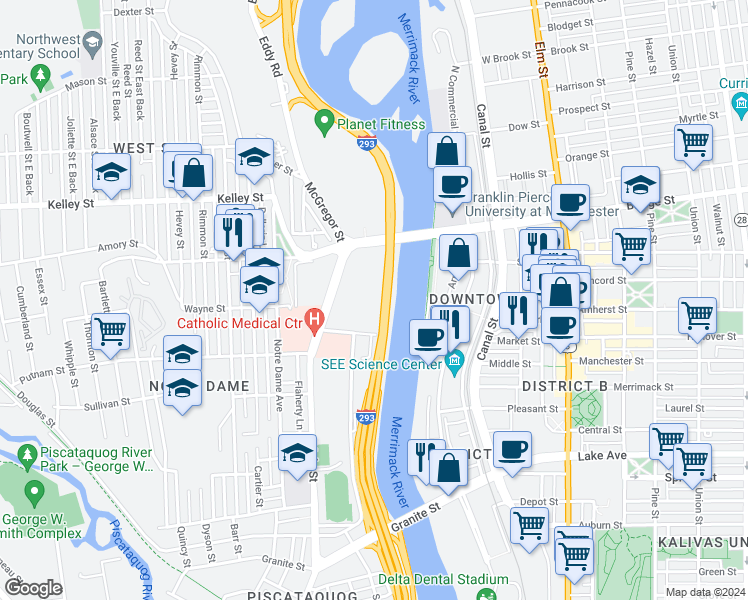 map of restaurants, bars, coffee shops, grocery stores, and more near 195 McGregor Street in Manchester