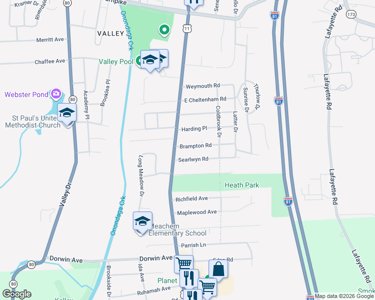 map of restaurants, bars, coffee shops, grocery stores, and more near 125 Searlwyn Road in Syracuse