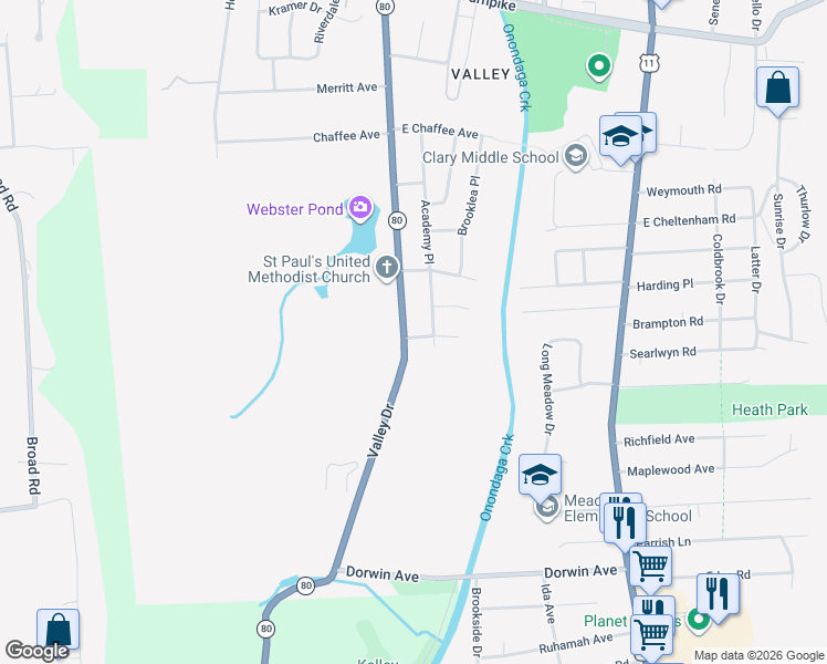 map of restaurants, bars, coffee shops, grocery stores, and more near 2321 Valley Drive in Syracuse