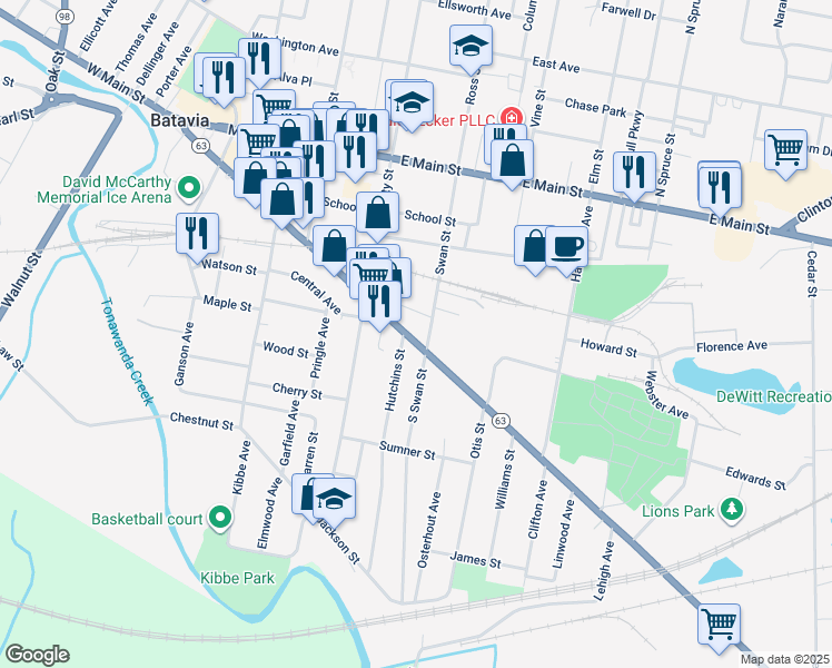map of restaurants, bars, coffee shops, grocery stores, and more near 336 Ellicott Street in Batavia