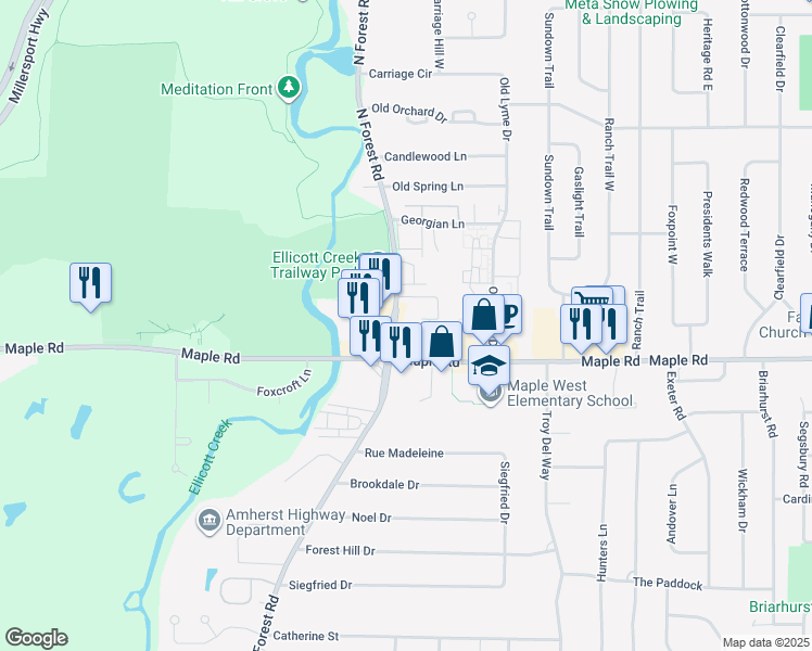 map of restaurants, bars, coffee shops, grocery stores, and more near 1329 North Forest Road in Buffalo