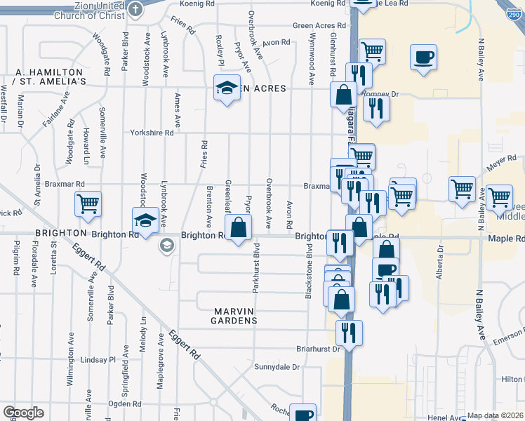 map of restaurants, bars, coffee shops, grocery stores, and more near 18 Overbrook Avenue in Tonawanda