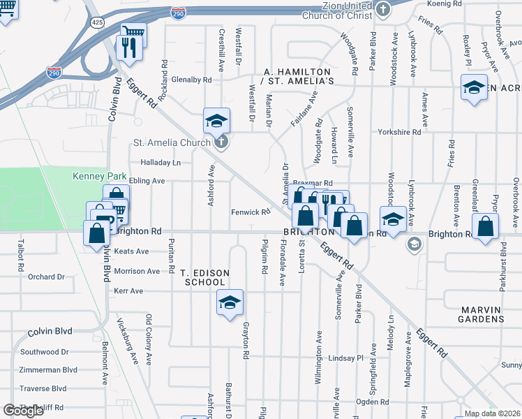 map of restaurants, bars, coffee shops, grocery stores, and more near 818 Brighton Road in Tonawanda