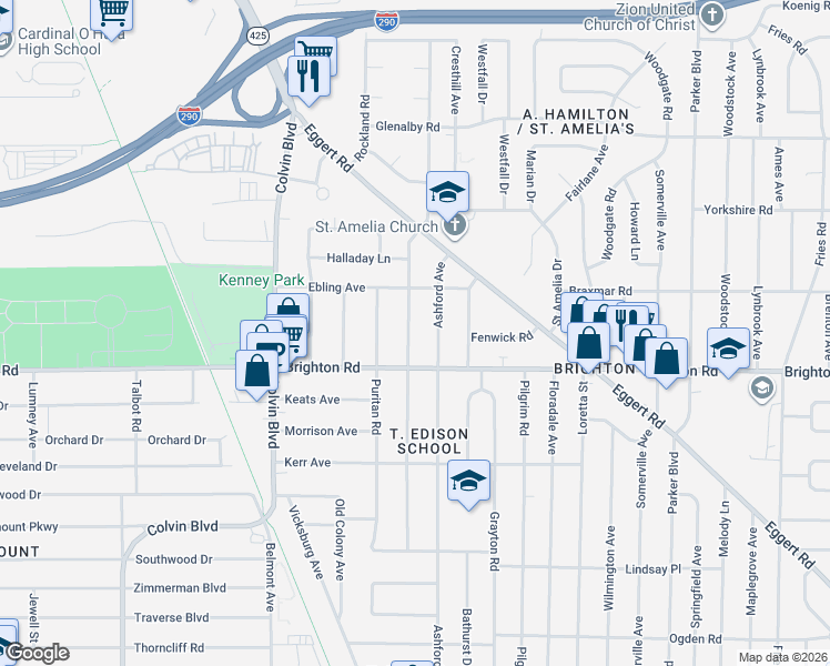 map of restaurants, bars, coffee shops, grocery stores, and more near 694 Brighton Road in Tonawanda
