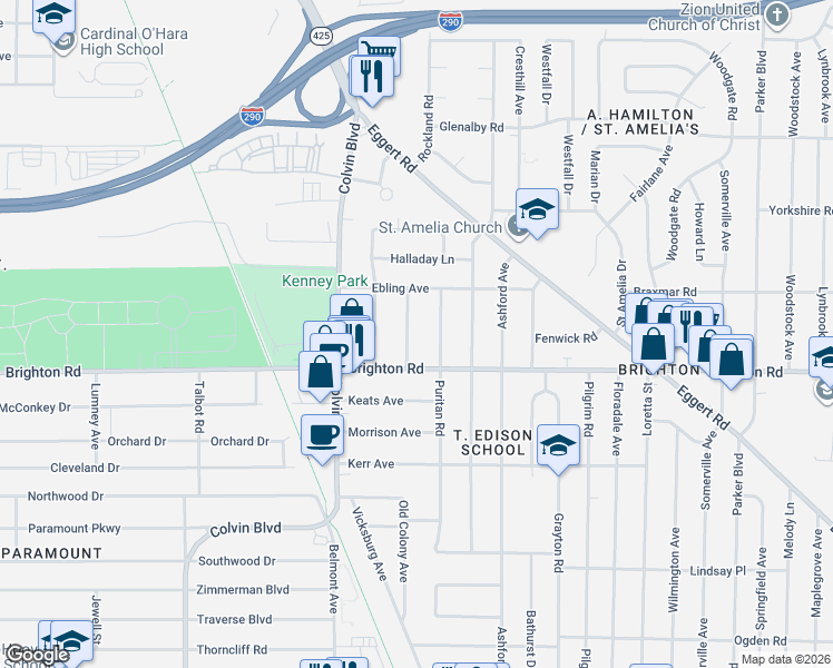 map of restaurants, bars, coffee shops, grocery stores, and more near 654 Brighton Road in Tonawanda