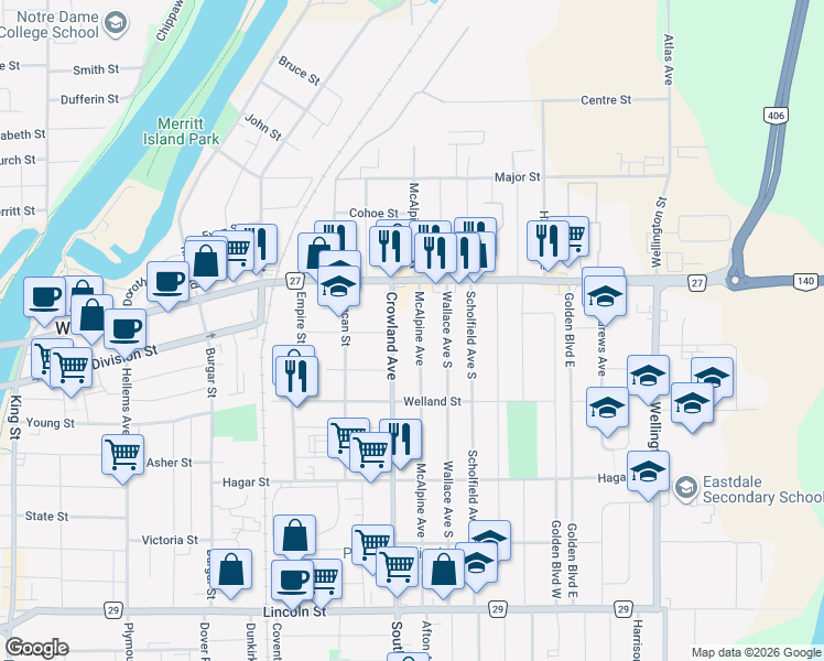 map of restaurants, bars, coffee shops, grocery stores, and more near in Welland