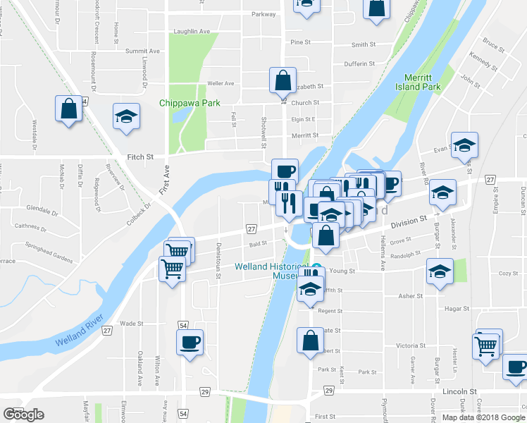 map of restaurants, bars, coffee shops, grocery stores, and more near in Welland