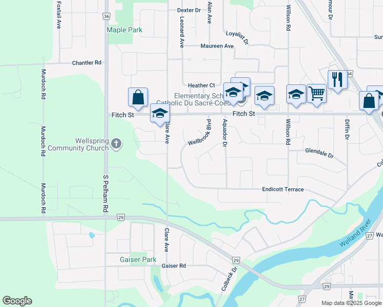 map of restaurants, bars, coffee shops, grocery stores, and more near 67 Calla Terrace in Welland