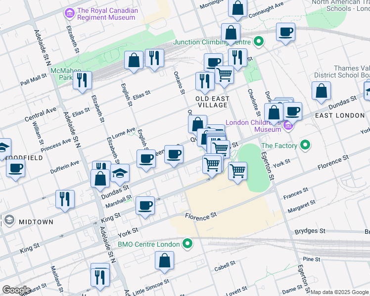 map of restaurants, bars, coffee shops, grocery stores, and more near 848 Dundas Street in London