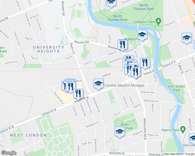 map of restaurants, bars, coffee shops, grocery stores, and more near 11 Summit Avenue in London
