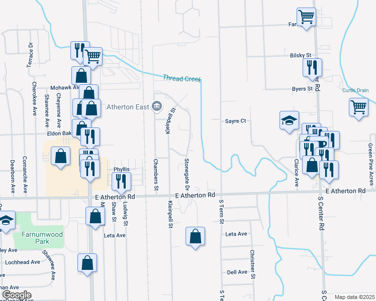 map of restaurants, bars, coffee shops, grocery stores, and more near 3421 Stonegate Drive in Flint