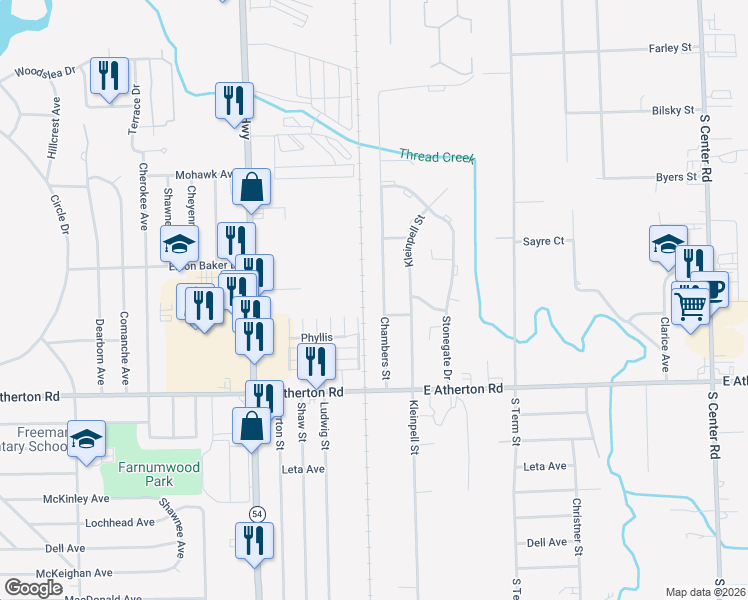 map of restaurants, bars, coffee shops, grocery stores, and more near 134 East Street in Flint