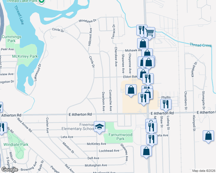 map of restaurants, bars, coffee shops, grocery stores, and more near 3502 Comanche Avenue in Flint