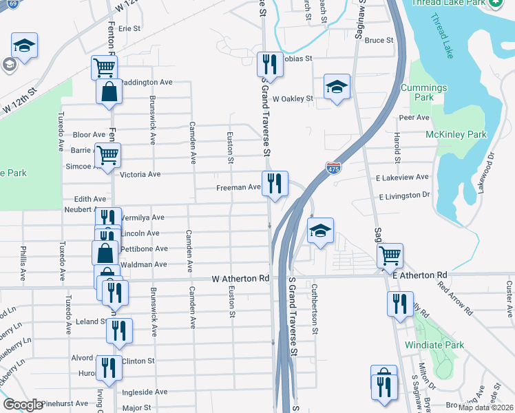 map of restaurants, bars, coffee shops, grocery stores, and more near 611 Vermilya Avenue in Flint