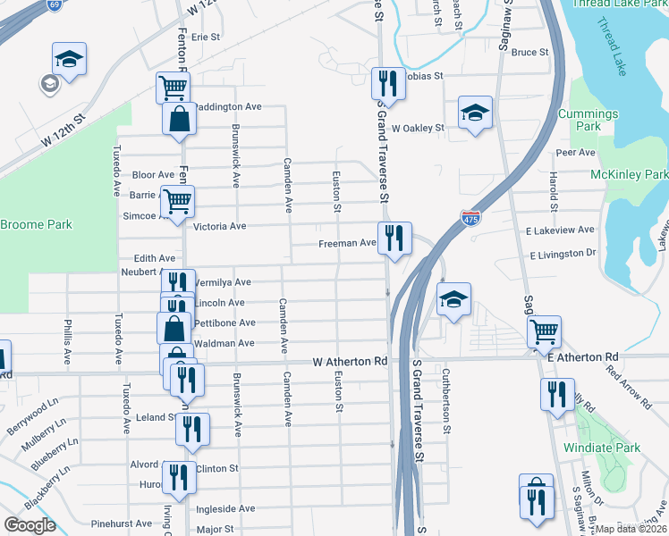 map of restaurants, bars, coffee shops, grocery stores, and more near 715 Vermilya Avenue in Flint