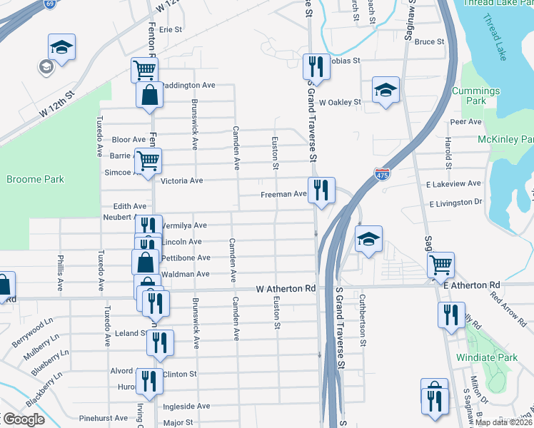 map of restaurants, bars, coffee shops, grocery stores, and more near 715 Vermilya Avenue in Flint