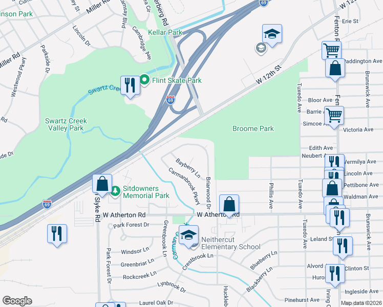map of restaurants, bars, coffee shops, grocery stores, and more near 1912 Bayberry Lane in Flint