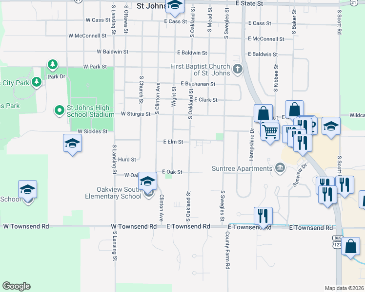 map of restaurants, bars, coffee shops, grocery stores, and more near 1010 South Oakland Street in Saint Johns