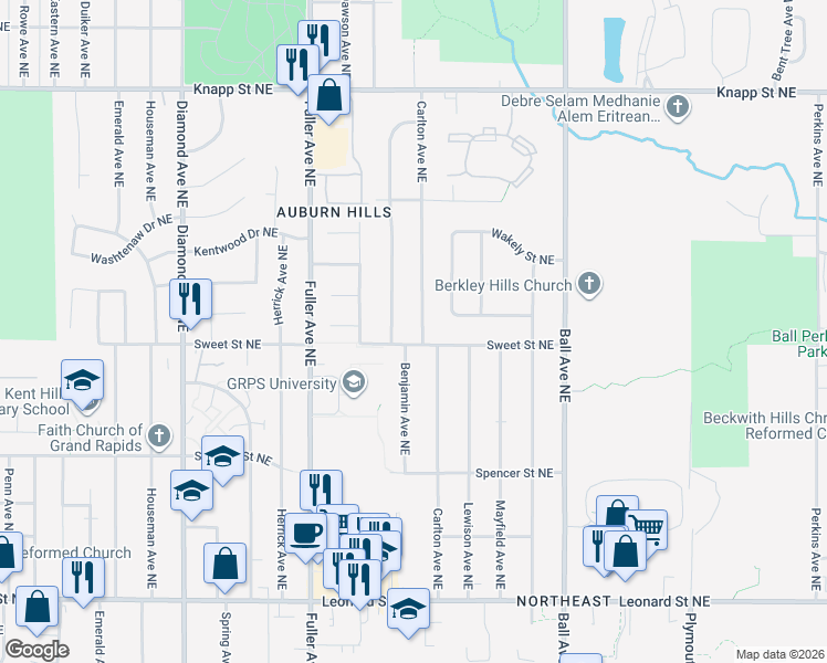 map of restaurants, bars, coffee shops, grocery stores, and more near 1330 Sweet Street Northeast in Grand Rapids