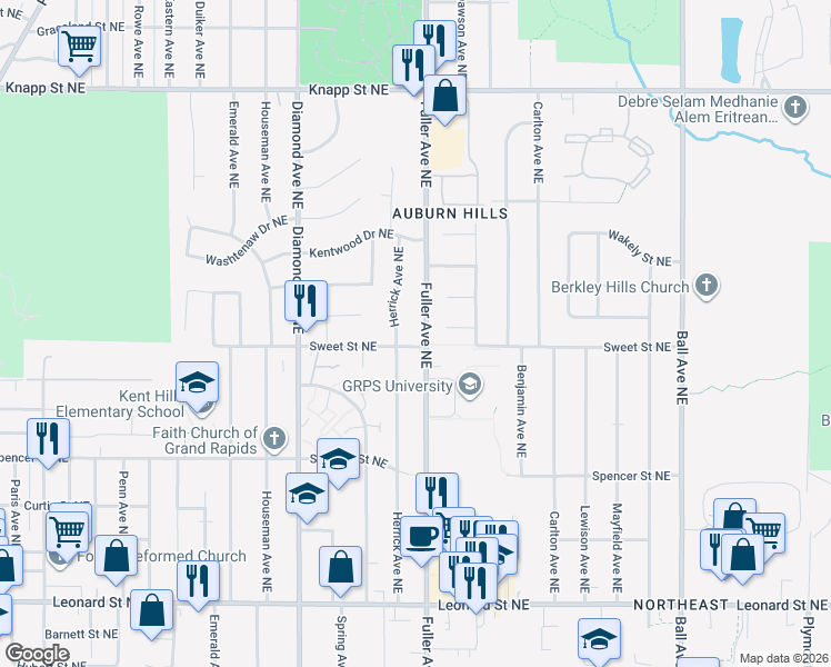 map of restaurants, bars, coffee shops, grocery stores, and more near 1562 Herrick Avenue Northeast in Grand Rapids
