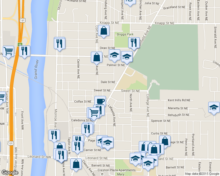 map of restaurants, bars, coffee shops, grocery stores, and more near 1594 Plainfield Avenue Northeast in Grand Rapids