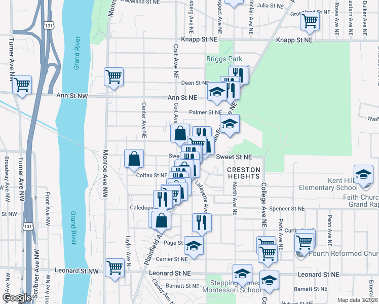map of restaurants, bars, coffee shops, grocery stores, and more near 224 Sweet Street Northeast in Grand Rapids
