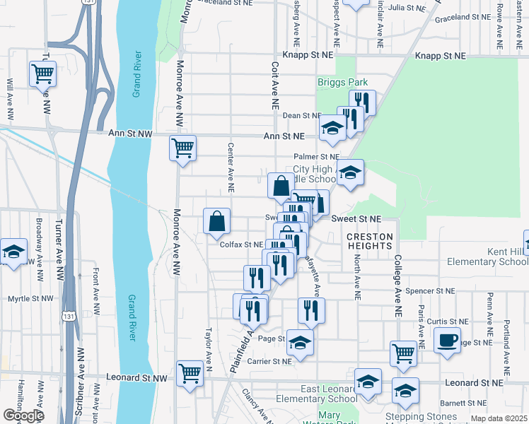 map of restaurants, bars, coffee shops, grocery stores, and more near 1571 Coit Avenue Northeast in Grand Rapids