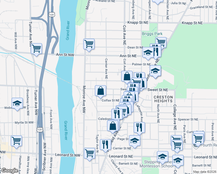 map of restaurants, bars, coffee shops, grocery stores, and more near 1571 Queen Avenue Northeast in Grand Rapids