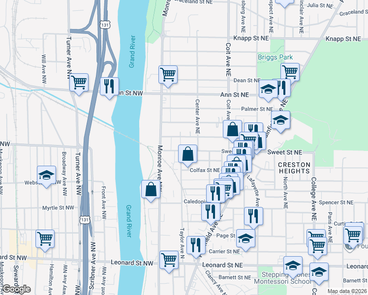 map of restaurants, bars, coffee shops, grocery stores, and more near 22 Sweet Street Northwest in Grand Rapids