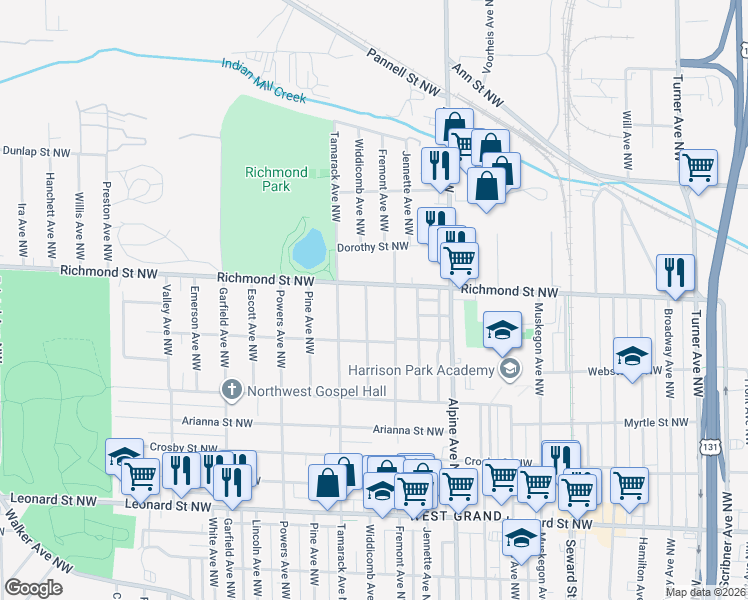 map of restaurants, bars, coffee shops, grocery stores, and more near 1523 Widdicomb Avenue Northwest in Grand Rapids