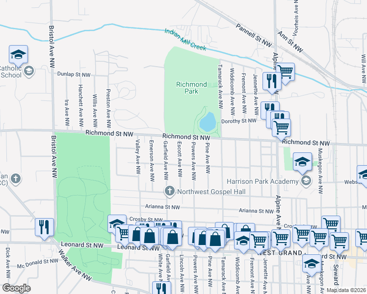 map of restaurants, bars, coffee shops, grocery stores, and more near 1518 Escott Avenue Northwest in Grand Rapids