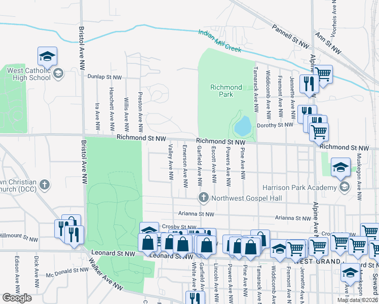 map of restaurants, bars, coffee shops, grocery stores, and more near 1513 Emerson Avenue Northwest in Grand Rapids