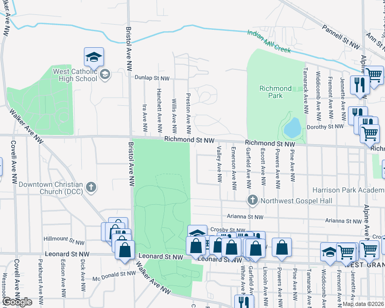 map of restaurants, bars, coffee shops, grocery stores, and more near 1511 Kenan Avenue Northwest in Grand Rapids