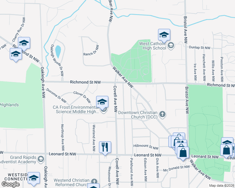 map of restaurants, bars, coffee shops, grocery stores, and more near 1504 Covell Avenue Northwest in Grand Rapids