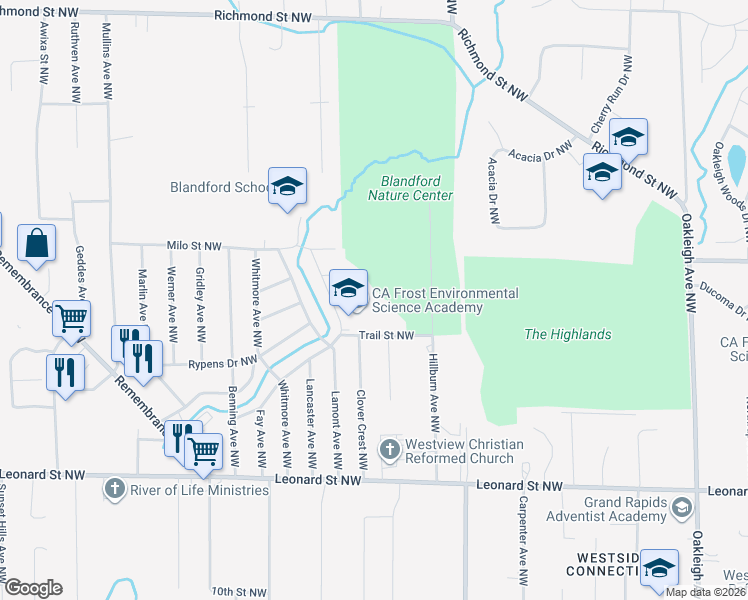 map of restaurants, bars, coffee shops, grocery stores, and more near 1460 Laughlin Drive Northwest in Grand Rapids