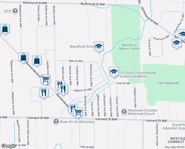 map of restaurants, bars, coffee shops, grocery stores, and more near 1469 Whitmore Avenue Northwest in Grand Rapids